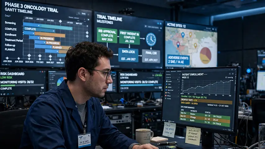 Clinical trial operations control room with timeline charts on wall screens