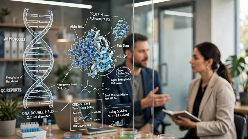 Protein and DNA structure models on a glass wall in a biotech office