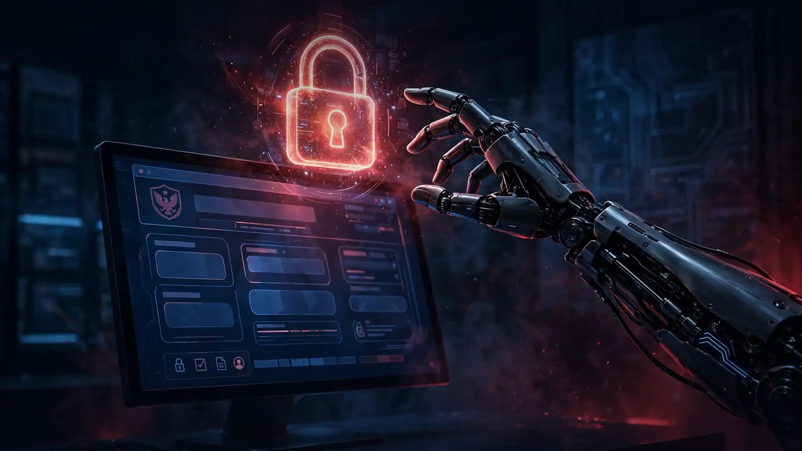 A robotic hand reaching toward a glowing padlock above a government web portal on a computer screen