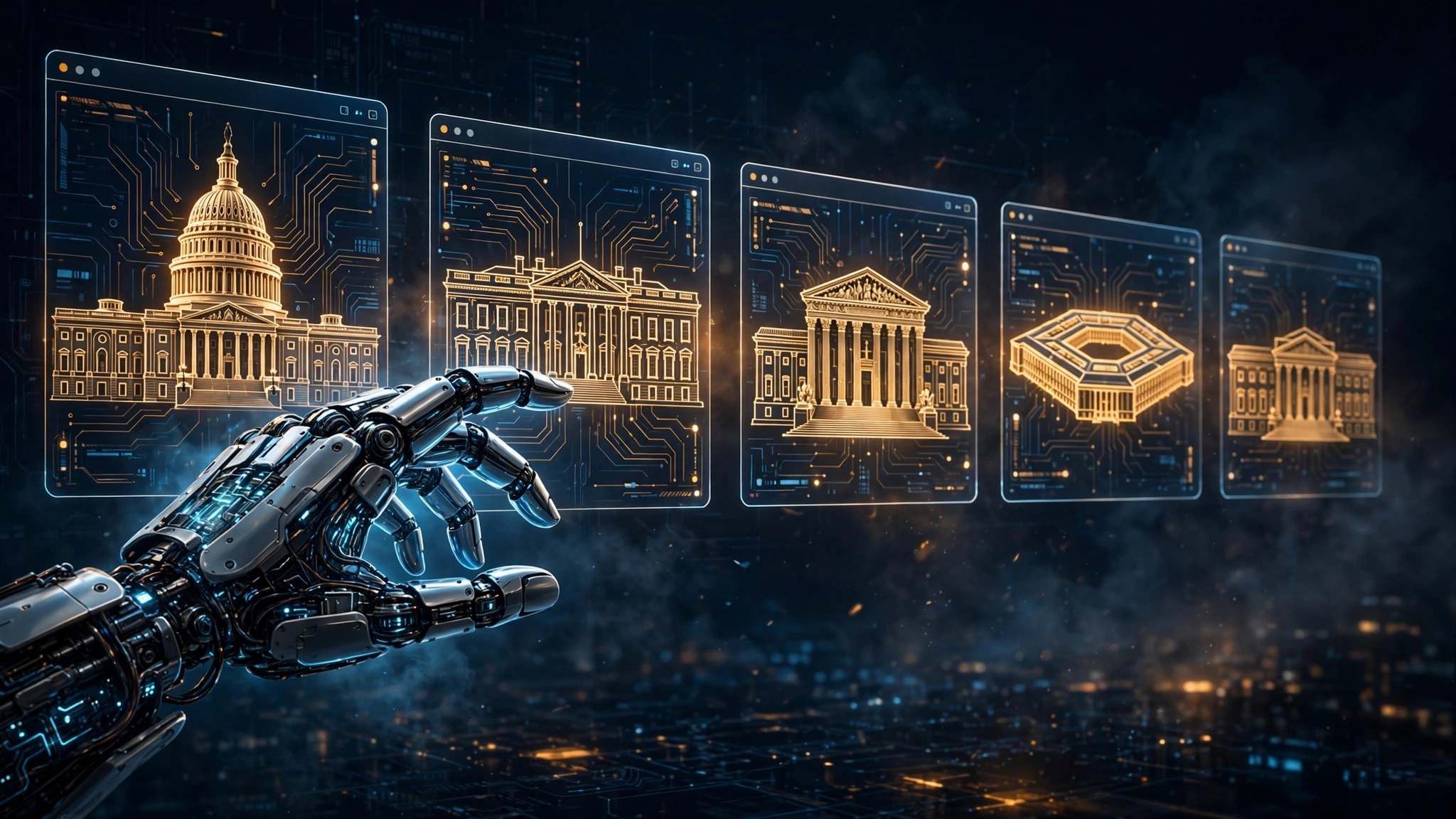 A robot hand reaching toward glowing browser windows showing U.S. government buildings rendered in circuit lines