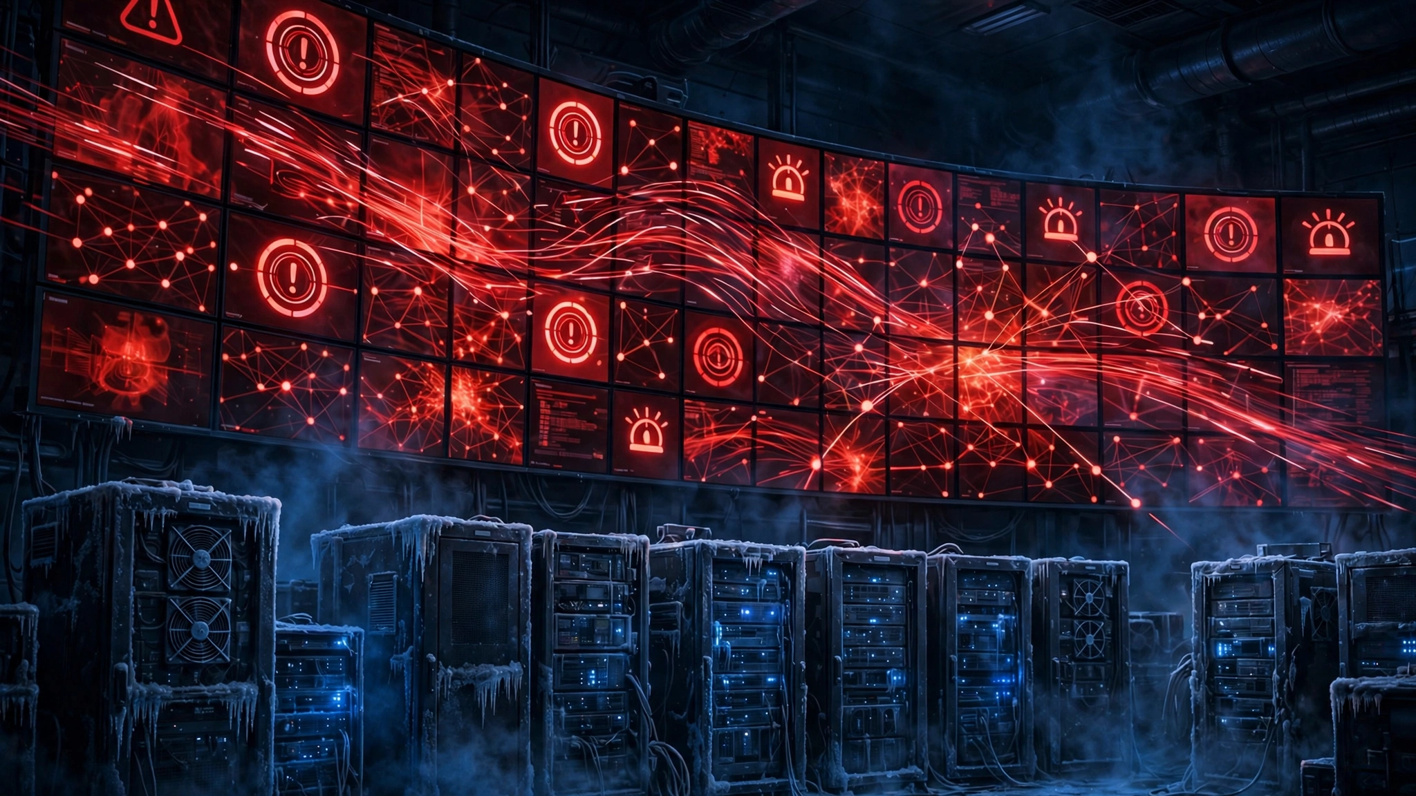 A dark security operations center with red alert dashboards over rows of paused AI server racks