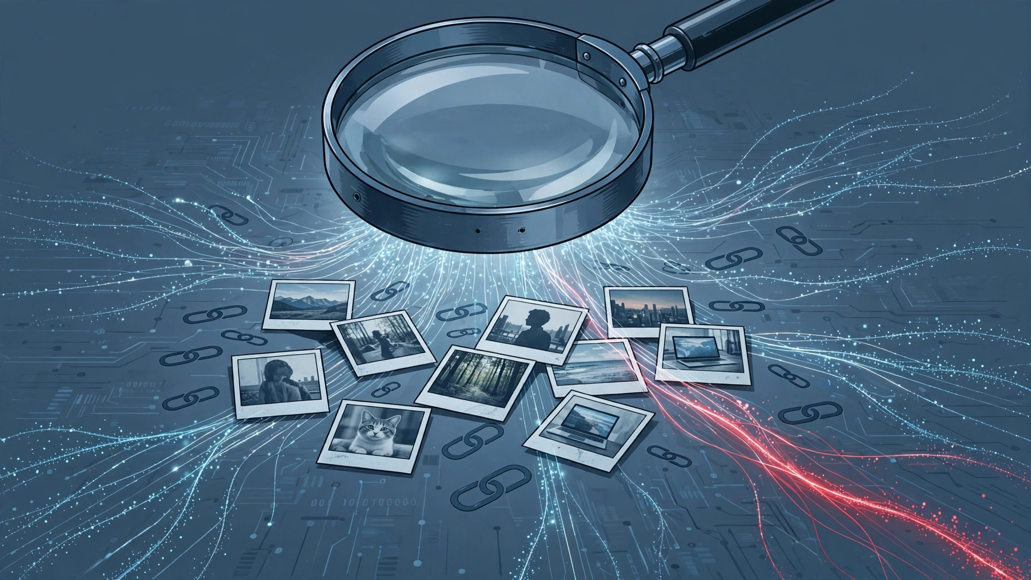 A magnifying glass over scattered user photos with glowing data trails leaking outward