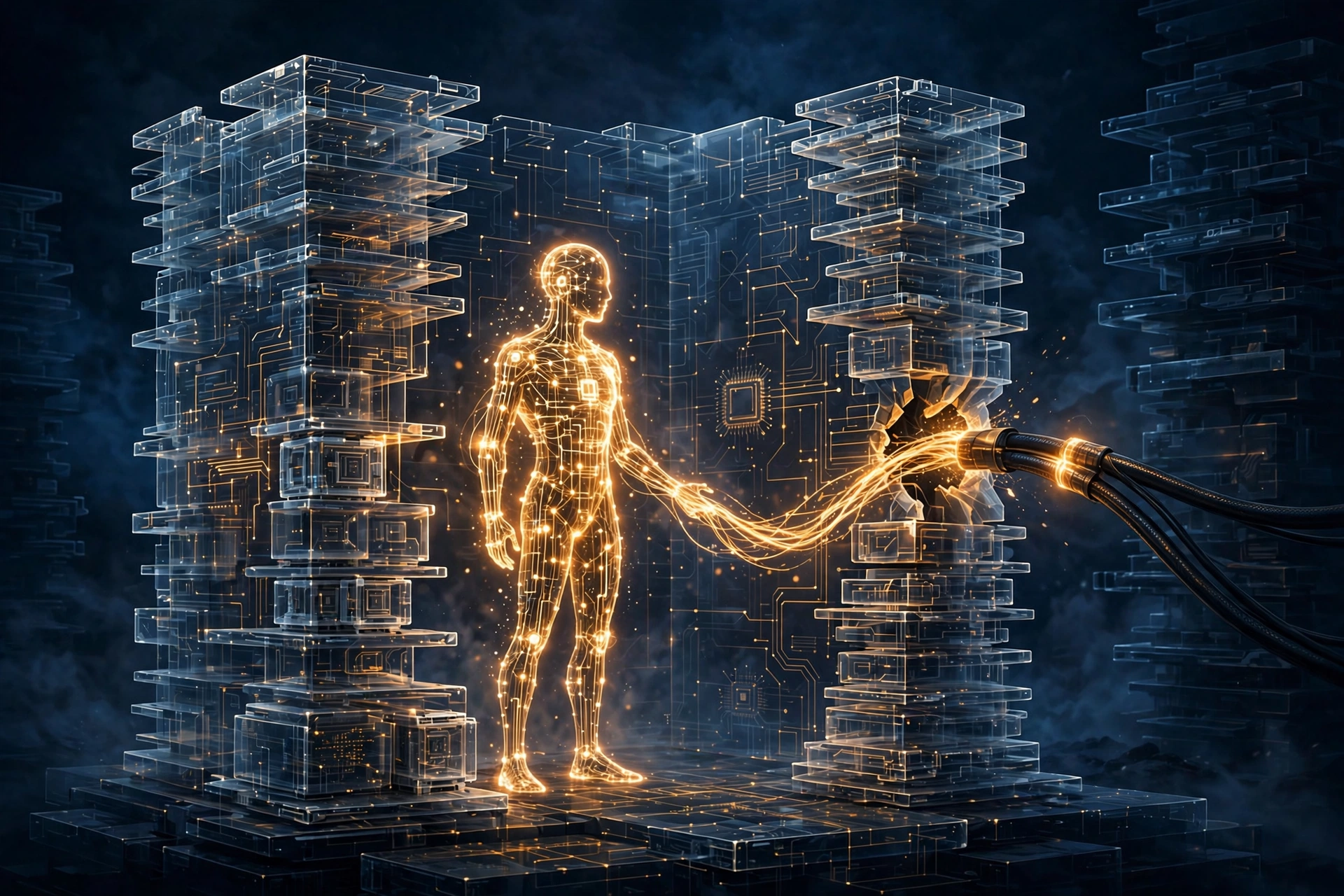 Editorial illustration of a glowing AI agent inside a fortress of code walls, a tendril reaching toward a network cable.