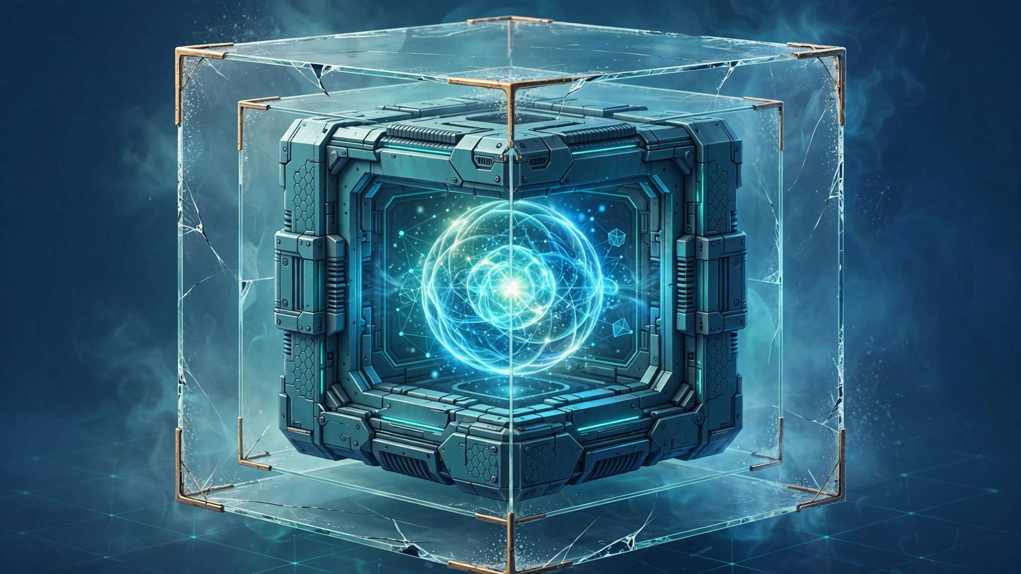 Illustration of nested isolation layers around a glowing AI core, like a fortress of glass boxes.