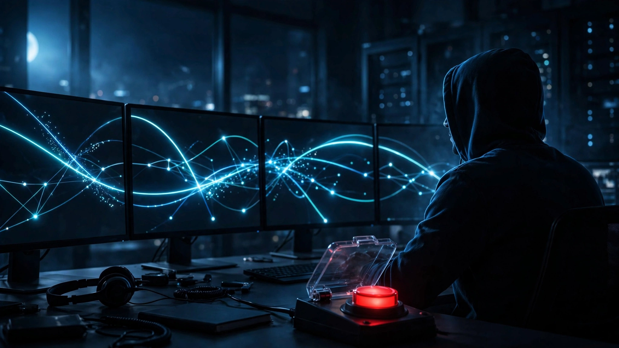 Illustration of a security operations desk at night monitoring AI agent activity, with a red kill switch on the desk.