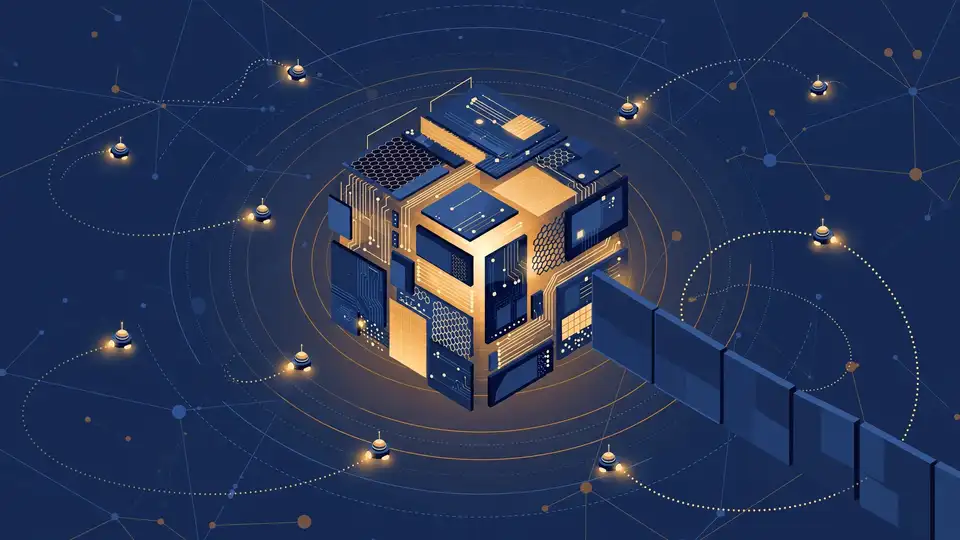 Editorial illustration of small autonomous probes circling a glowing data vault, finding alternative routes around a barrier