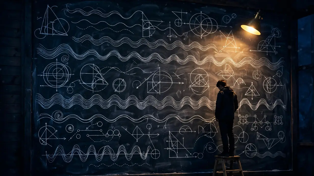 A researcher studies a chalkboard covered in wave diagrams and geometric proofs