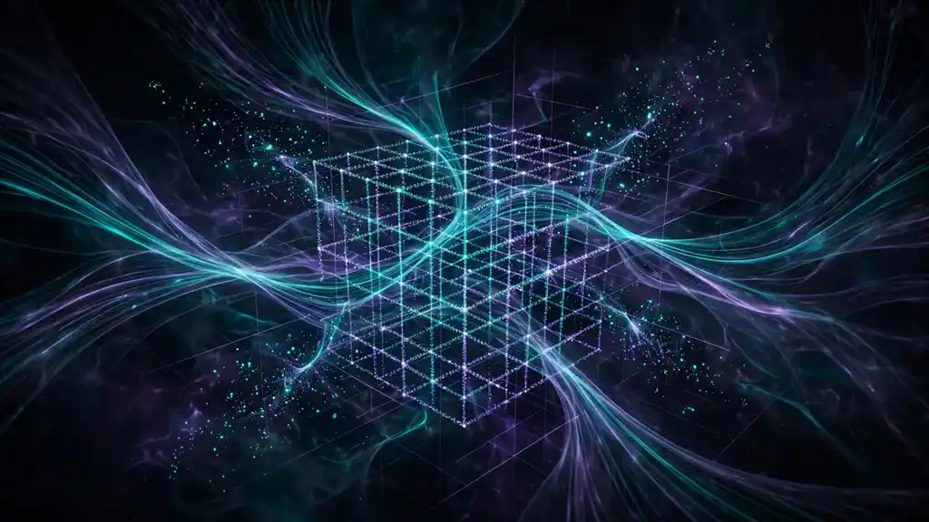 Abstract illustration of a glowing lattice of particles and force lines