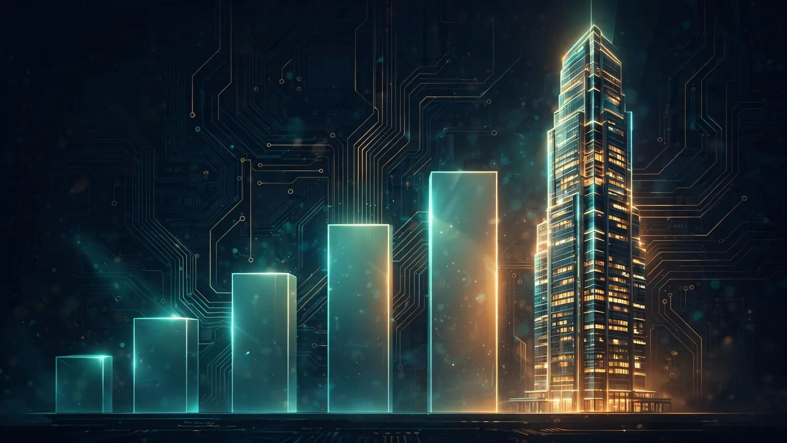 Editorial illustration of glowing revenue bars rising toward a luminous skyscraper against a dark circuit-board backdrop