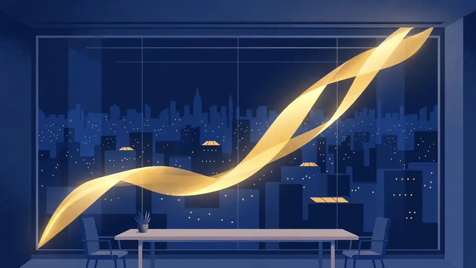 Illustration of a golden ribbon climbing across a boardroom window overlooking a night city skyline, symbolizing doubling enterprise sales