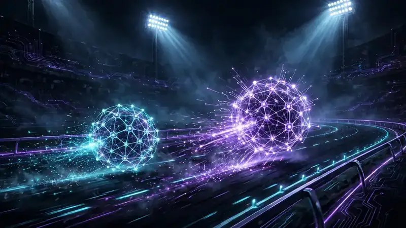 Illustration of two glowing neural-network nodes racing along an illuminated track, one pulling ahead