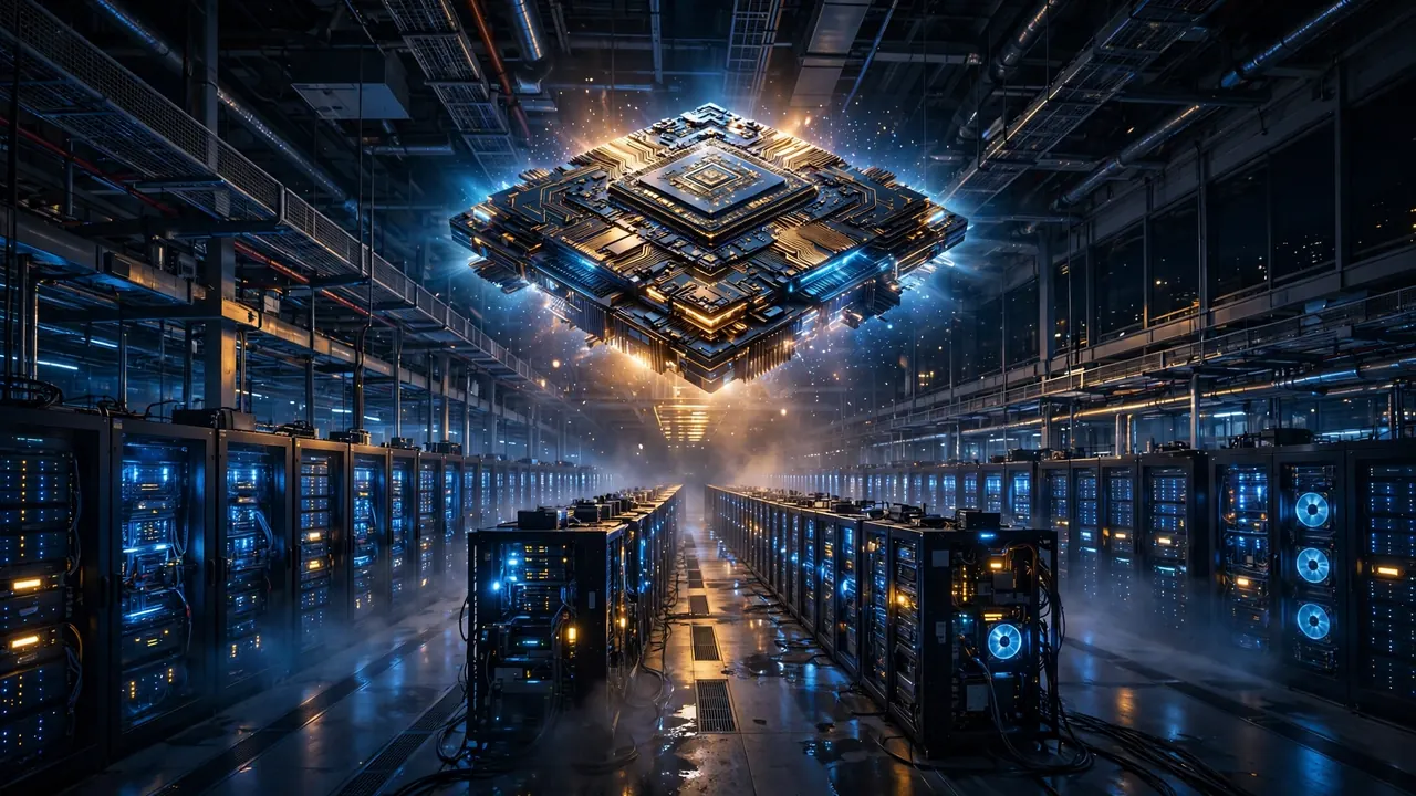 A glowing AI processor chip floating above rows of server racks in a vast data center hall