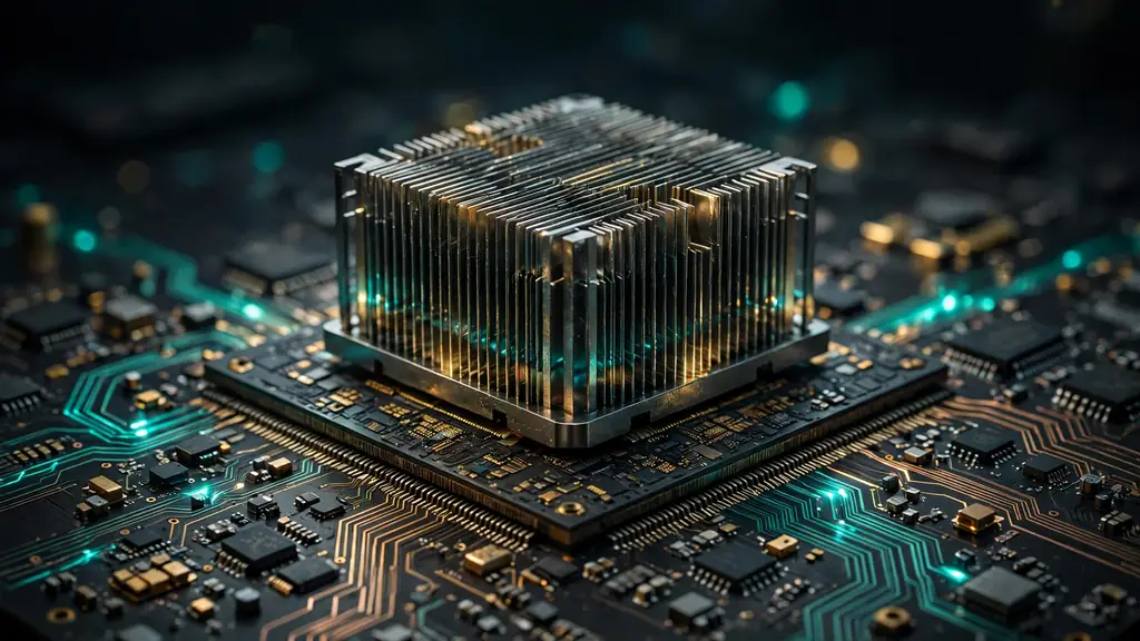 A close-up of a futuristic AI processor chip with cooling fins on a circuit board