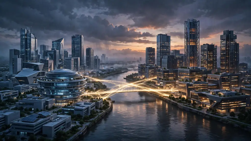 Two technology company skylines facing each other across a river, joined by a glowing bridge of light