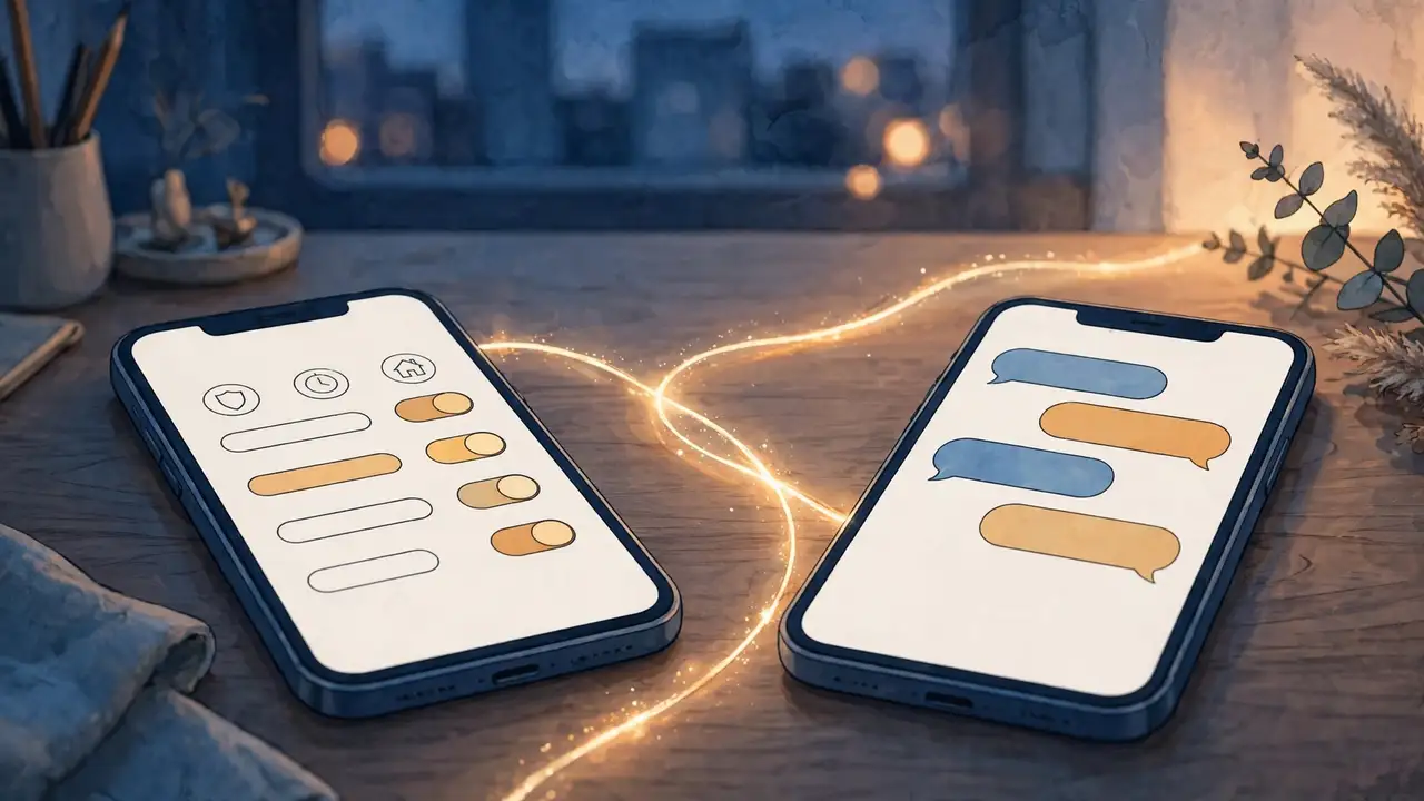 Two smartphones on a table, one showing a simple dashboard, linked by a warm thread of light