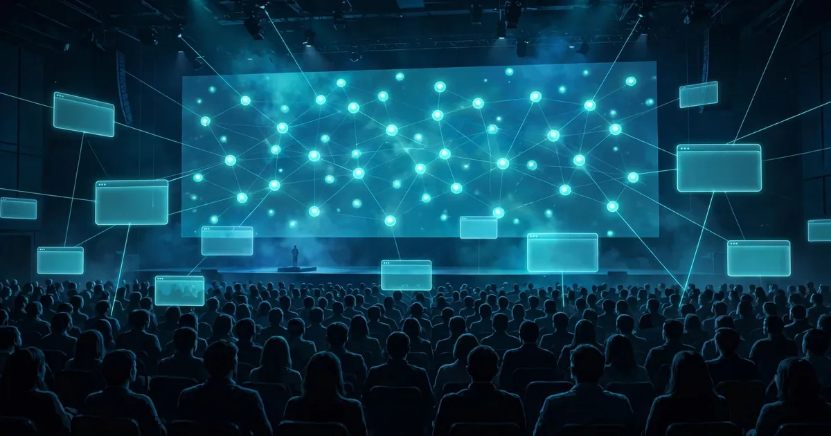 AI-generated editorial illustration of a packed DevDay keynote auditorium with a giant screen of glowing AI agent orbs connected to app windows