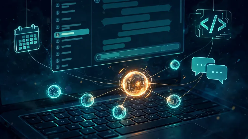 Illustration of glowing AI agent spheres working at a computer screen, connected by threads of light to app icons
