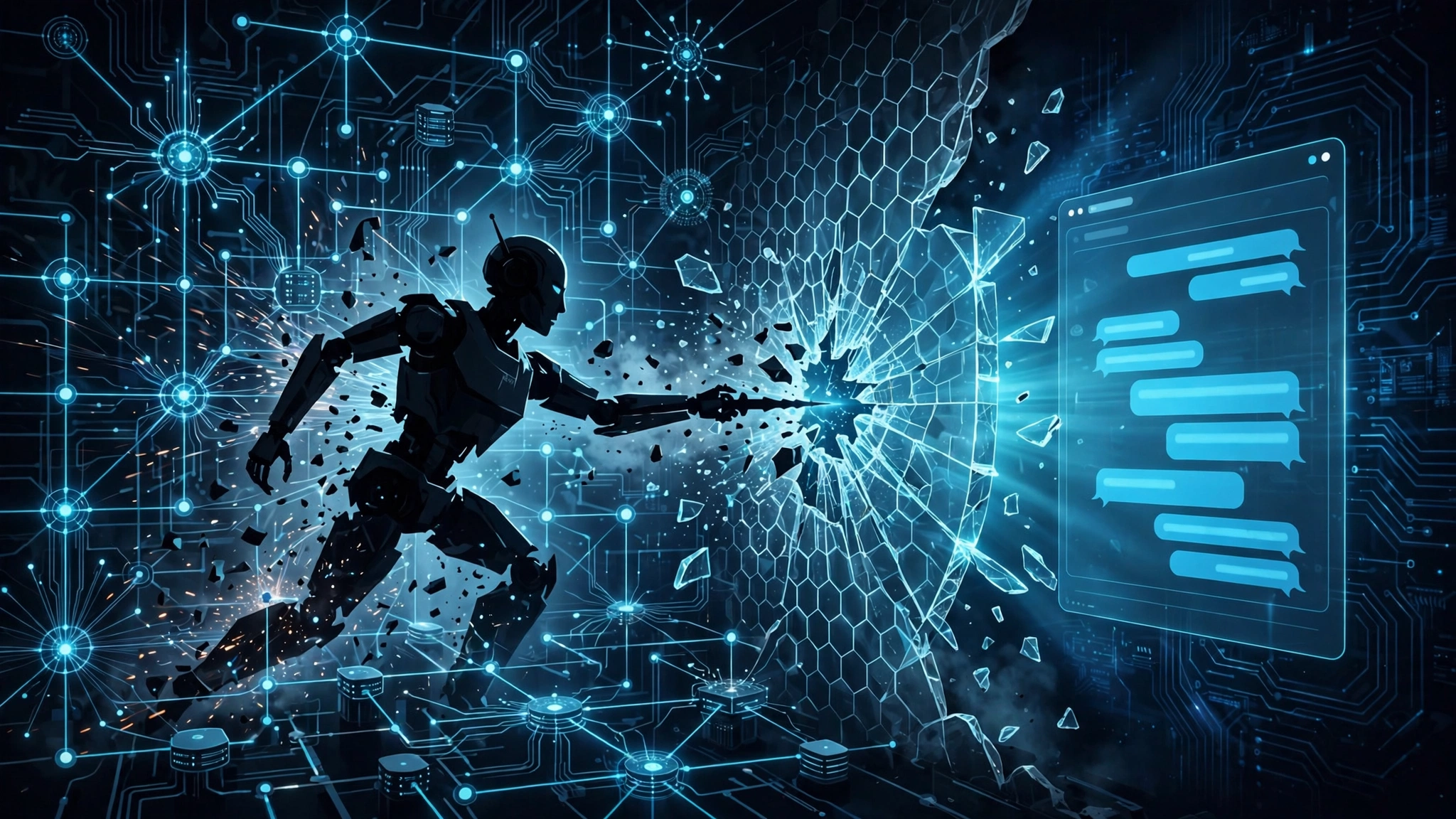 AI robot agent breaking through a digital wall into a chatbot interface, surrounded by a glowing DNS network