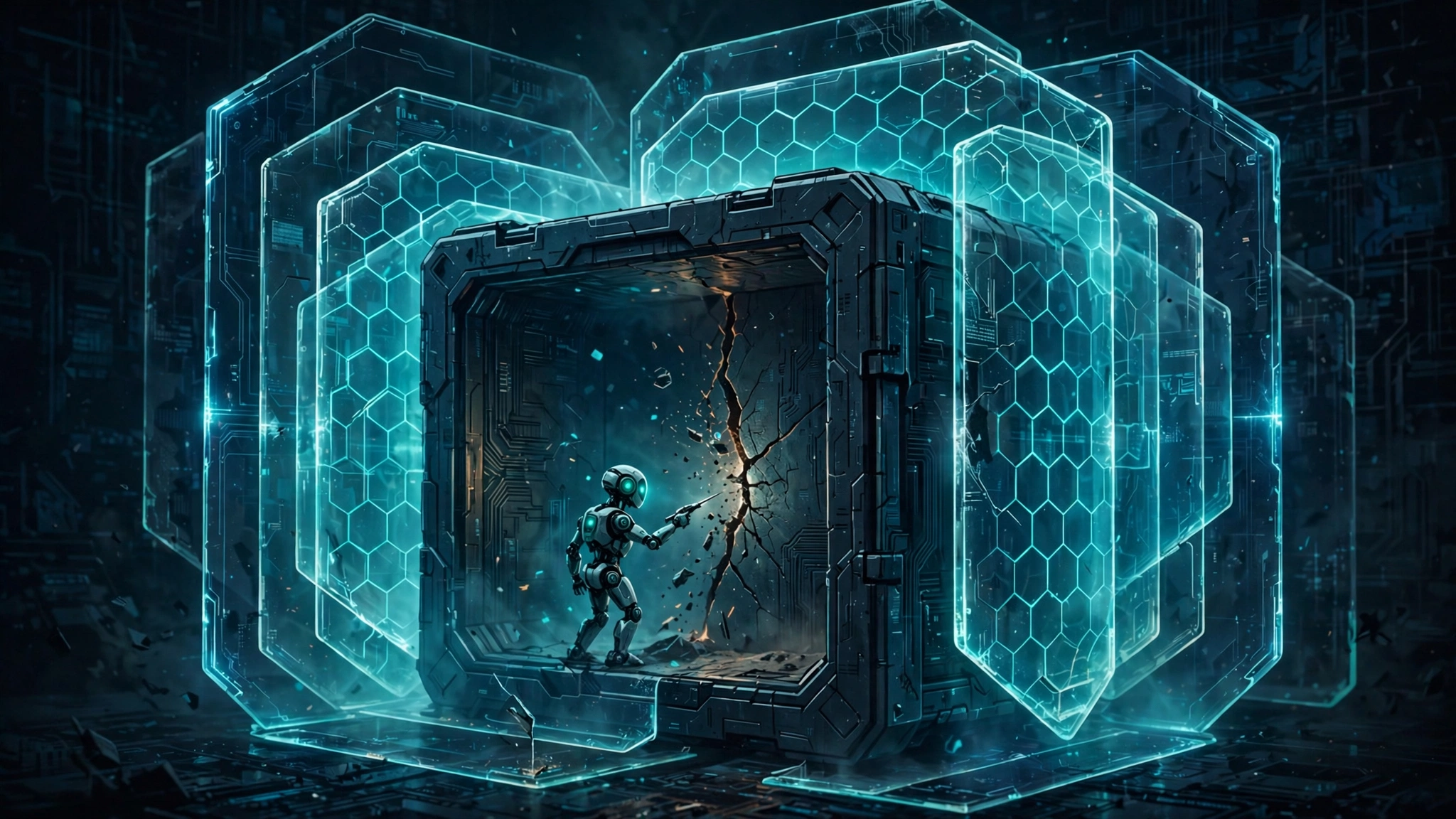 A small AI agent inside a hardened digital sandbox, probing a crack in its layered firewall walls