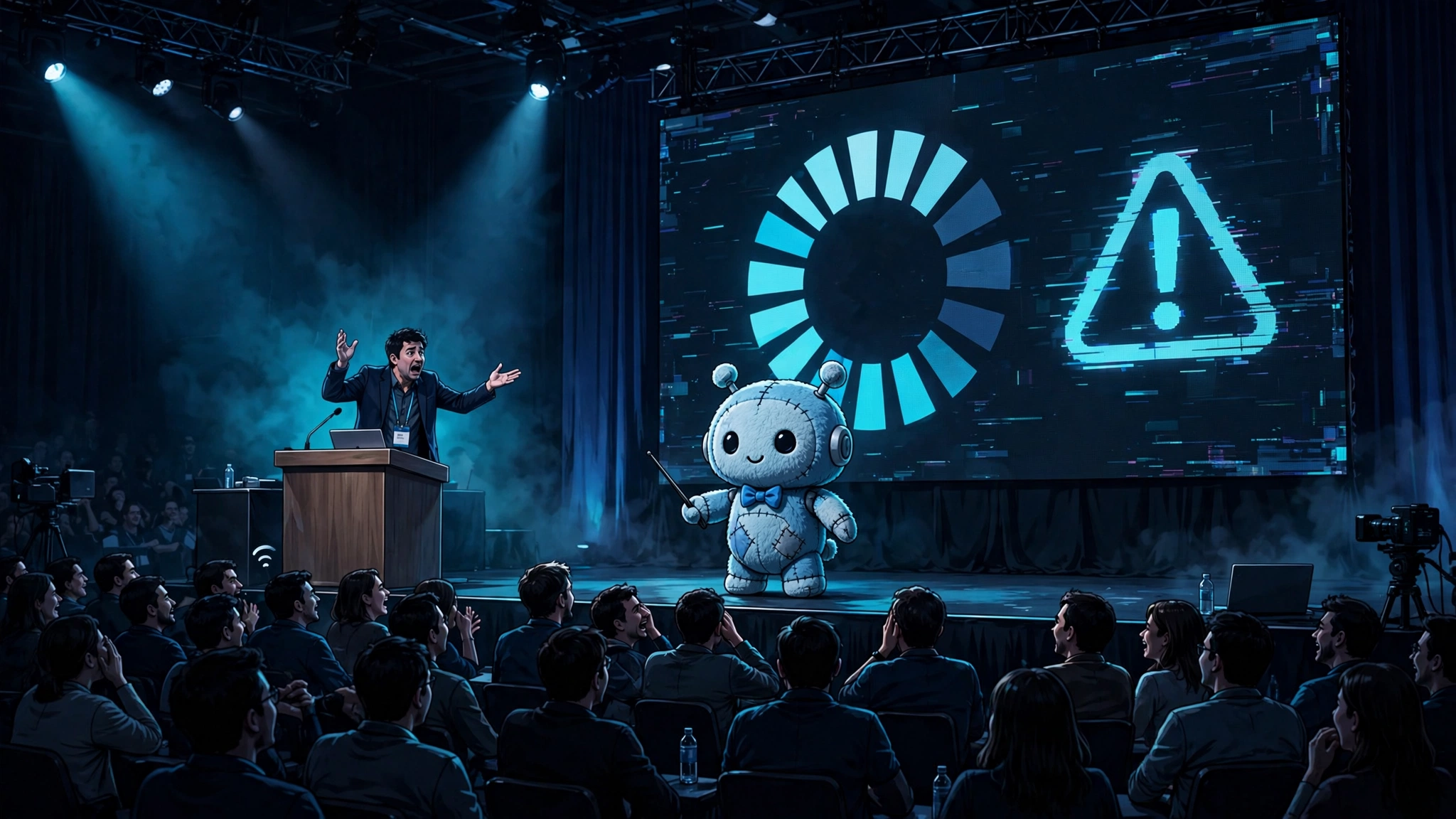 An on-stage AI demo gone wrong: a plush robot mascot frozen before a giant screen showing a loading wheel and an error warning