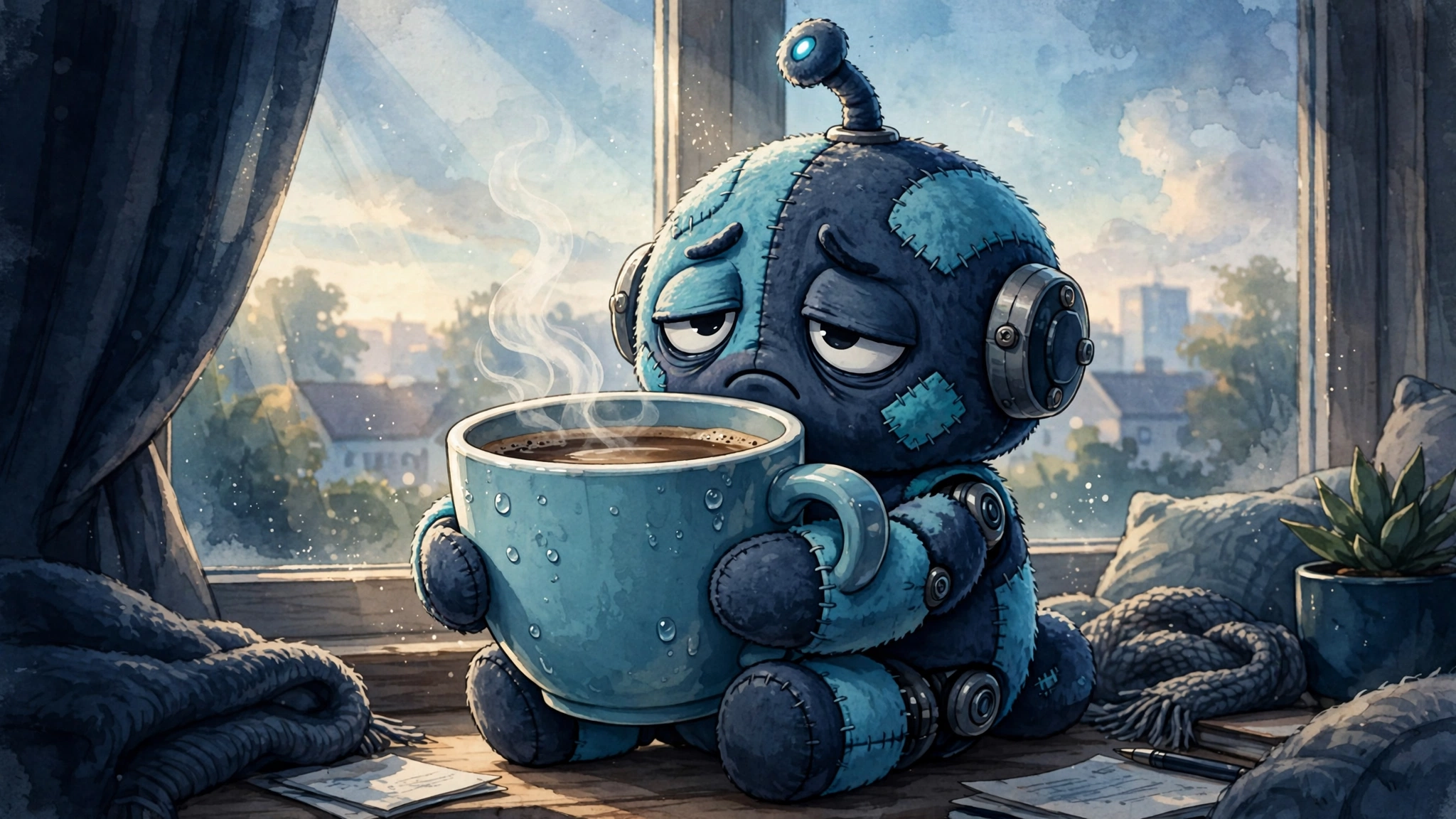A groggy plush-toy-like robot clutching a giant coffee cup at dawn, editorial illustration of the slow morning joke