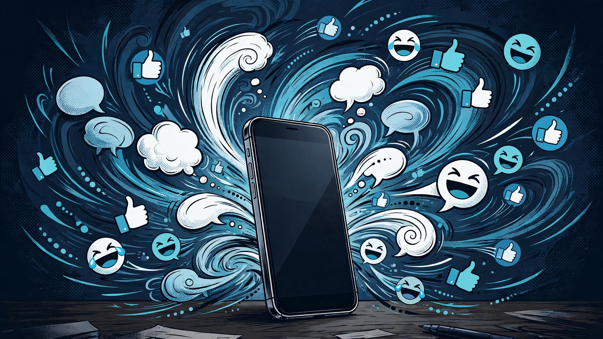 A smartphone surrounded by a swirling viral wave of social media reaction bubbles and laughing icons