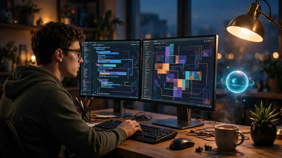 A programmer working late at a desk with two monitors showing code, a small glowing assistant orb floating nearby