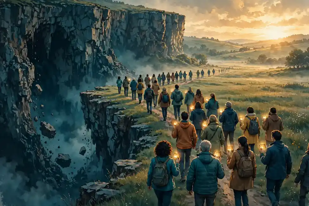 A crowd of people holding glowing cards walking away from a cliff edge toward open ground at dawn