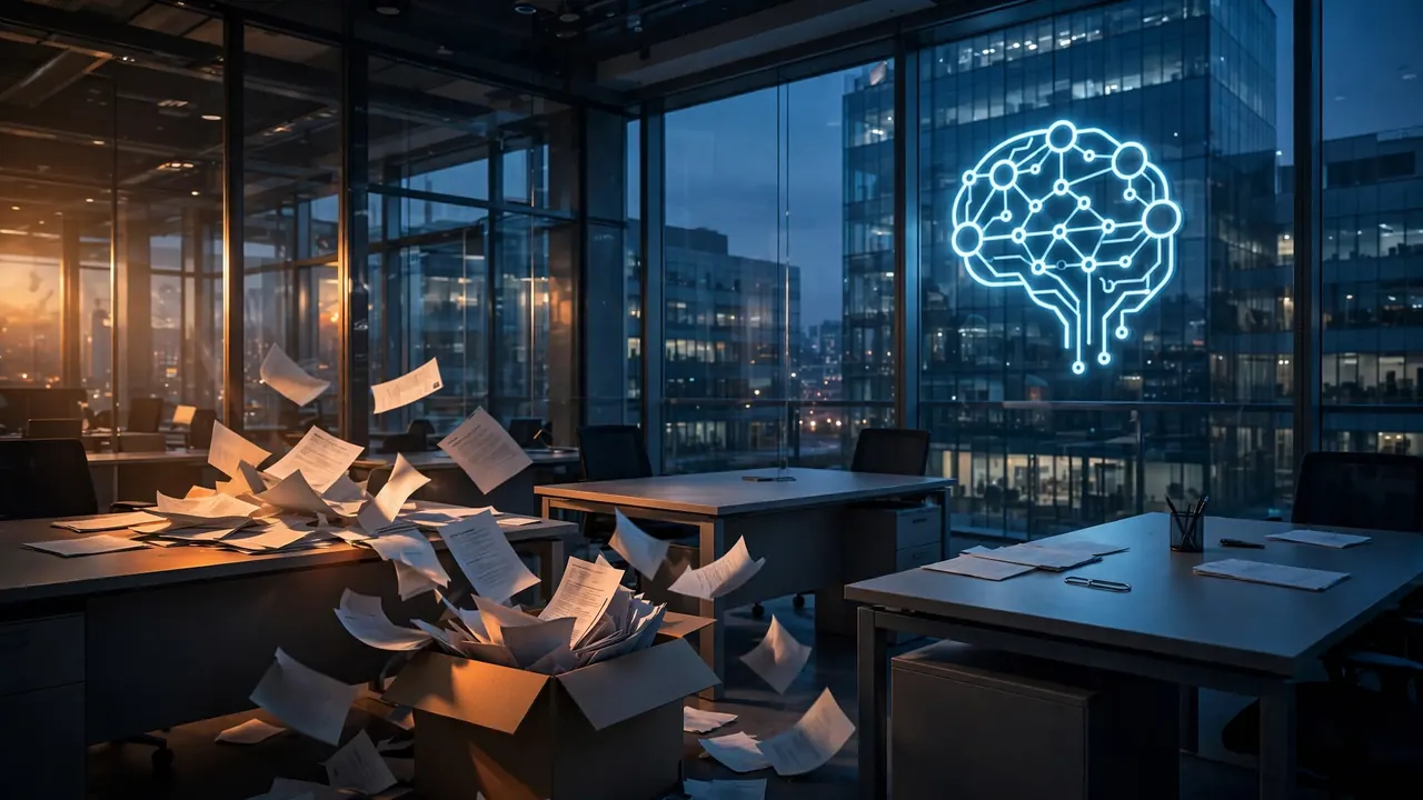 Editorial illustration: emptied desks and scattered papers in a glass AI-lab office at dusk