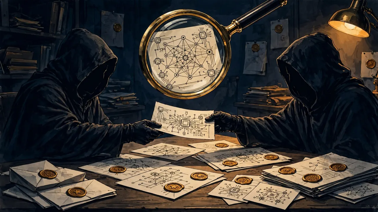 Editorial illustration: confidential AI research documents passing between shadowed figures under scrutiny