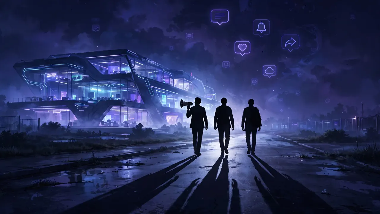 Editorial illustration: three departing researchers walking away from a glowing AI lab at night