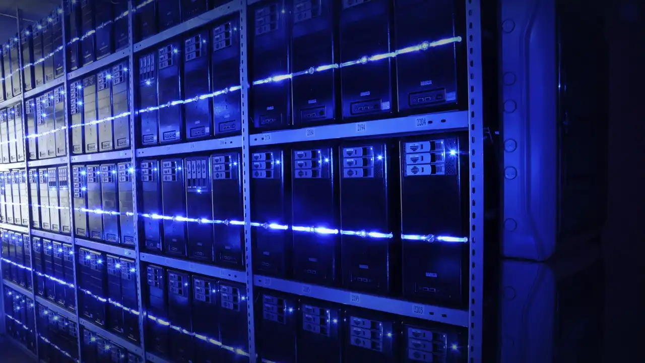 Rows of server racks with blue indicator lights inside a data center