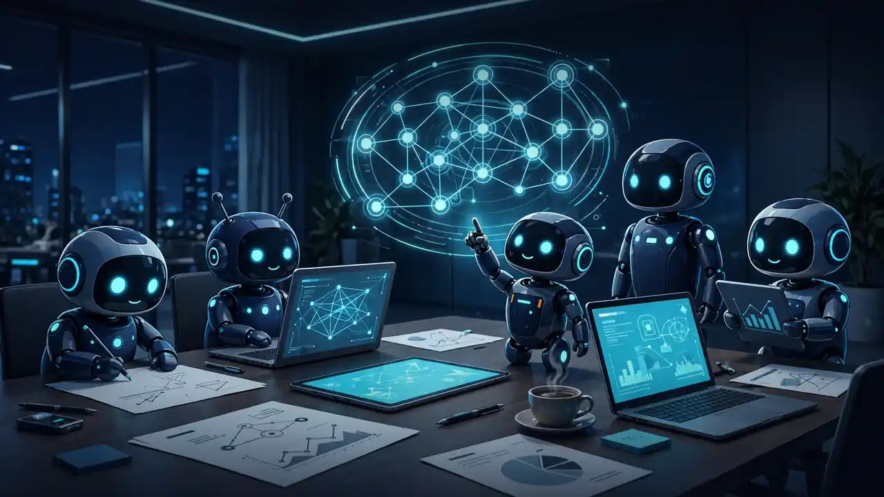 A team of small robots collaborating around an office conference table with laptops and documents