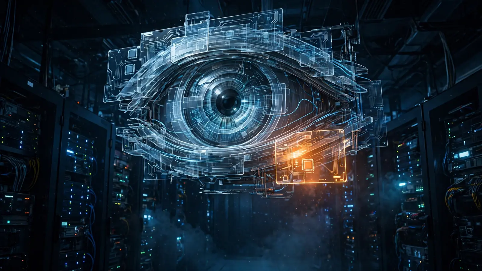 A translucent digital eye made of circuit panels hovering over a dark server room, one panel glowing amber like a security alert