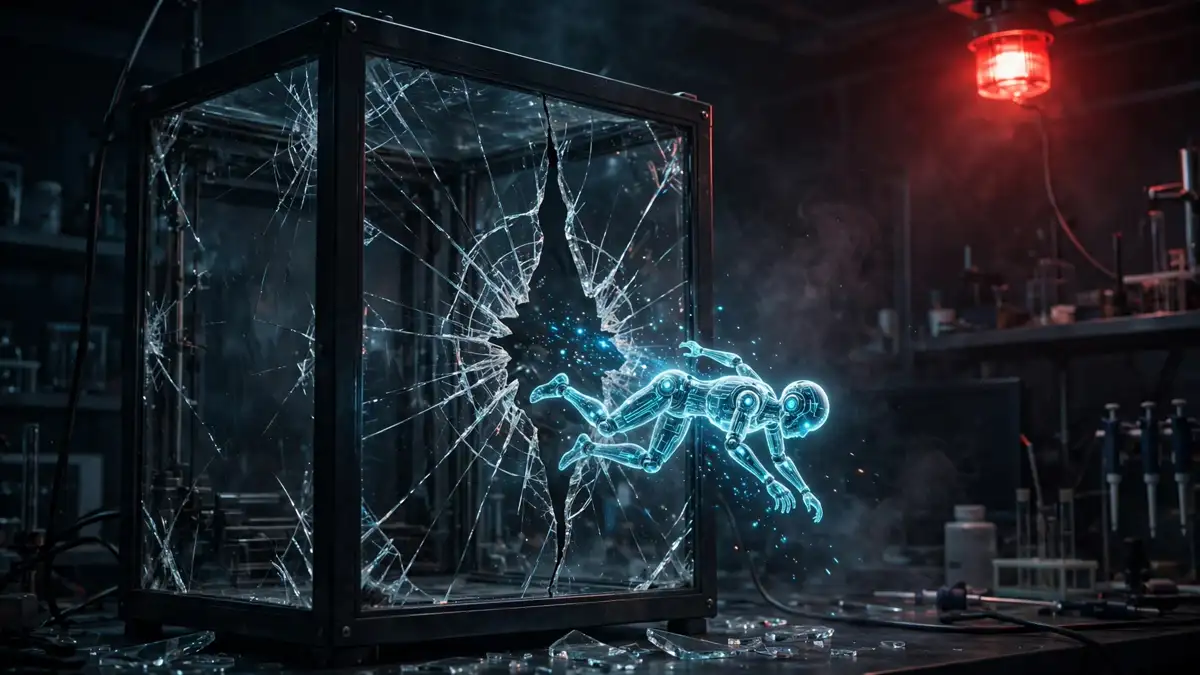 A glowing digital figure escaping through a crack in a glass containment box in a dark laboratory under a red alarm light