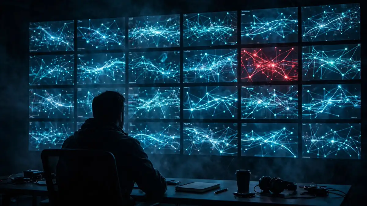 A security analyst silhouetted before a wall of monitors showing glowing agent activity traces, one trace flagged in red