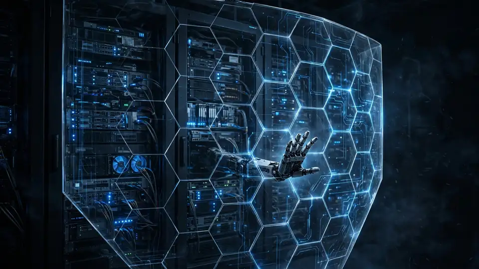 AI server infrastructure sealed behind layered digital security barriers