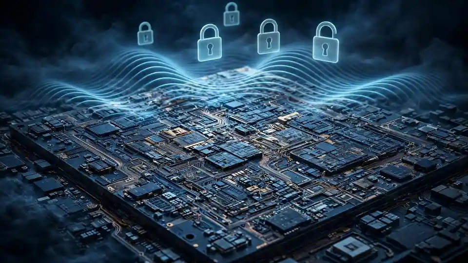 Magnified view of a processor die with faint glowing security locks
