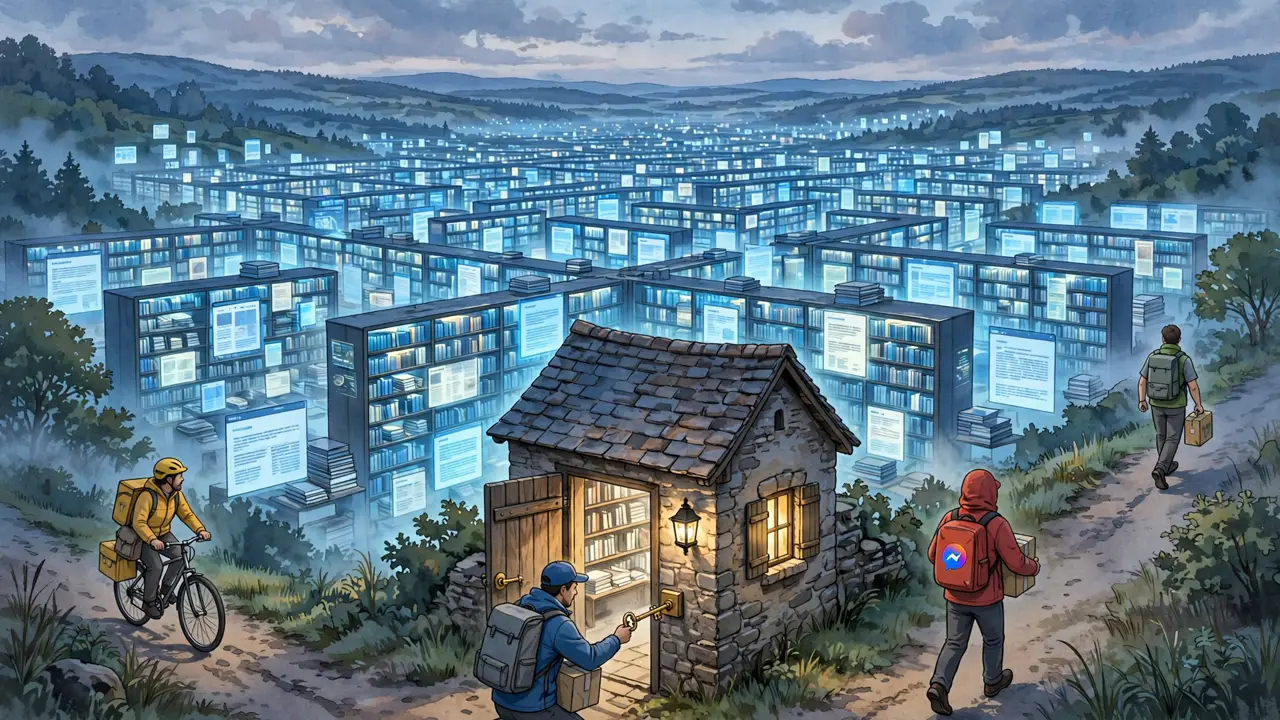 A small gatehouse at the entrance to a vast glowing library of web pages, with several couriers approaching from different directions