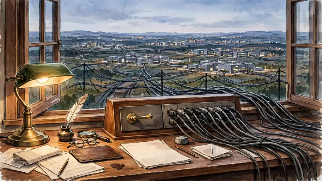 A publisher's desk with a single switchboard panel whose cables run out to distant data centers