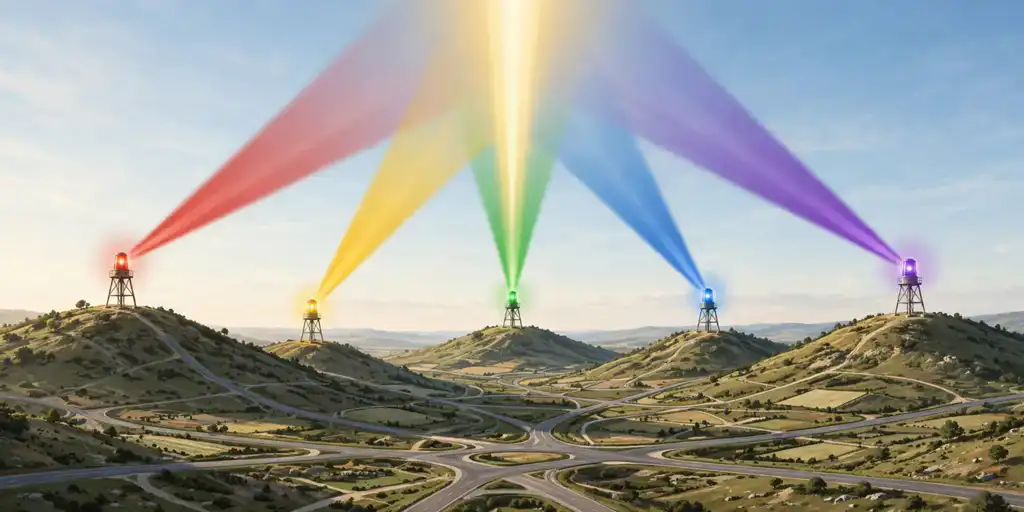 Signal beacons on hilltops sending colored beams that converge into a single beam in the sky