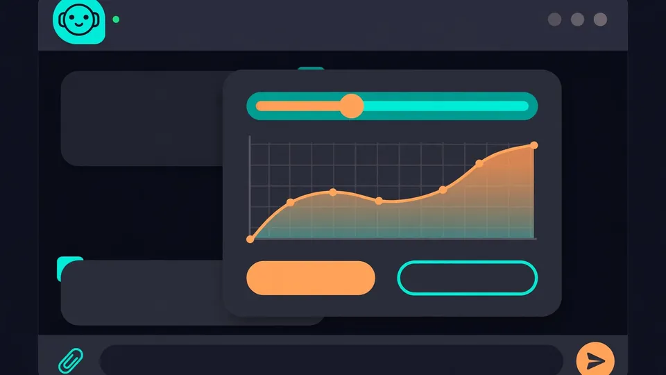 Illustration of a chatbot interface generating an interactive savings calculator card with a slider and chart inside a dark chat window.