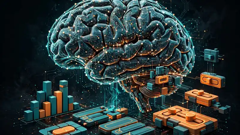Abstract illustration of a neural network assembling interface components like buttons, charts and forms over a dark background.