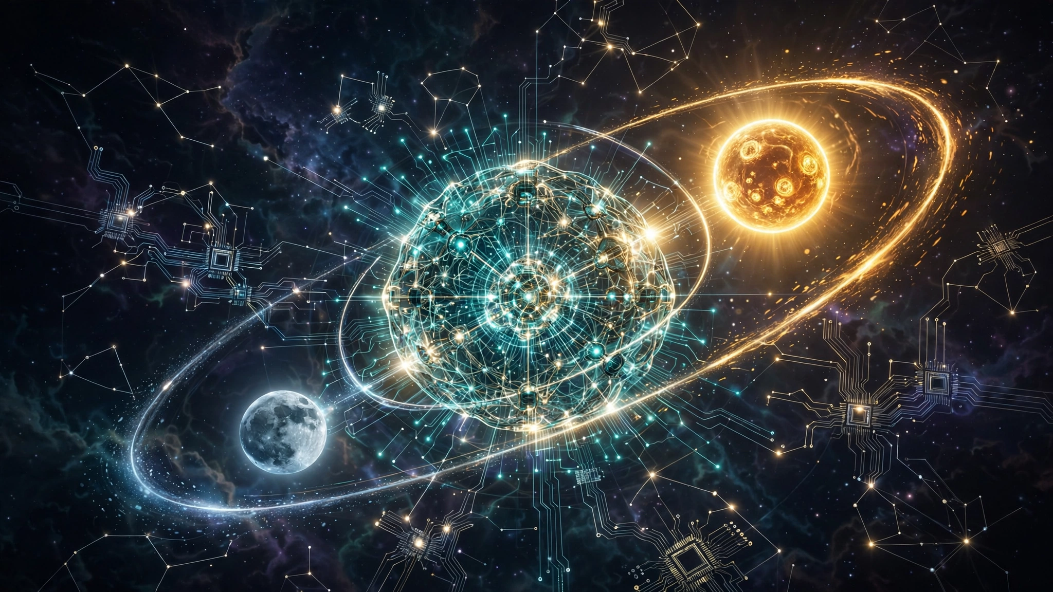 Editorial illustration of a brilliant golden sun orb and a cool silver moon orb orbiting a luminous neural network core against a dark cosmic background