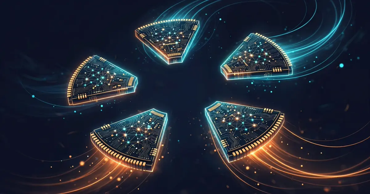 Editorial illustration: a glowing neural-network chip split into five pieces on a dark navy background