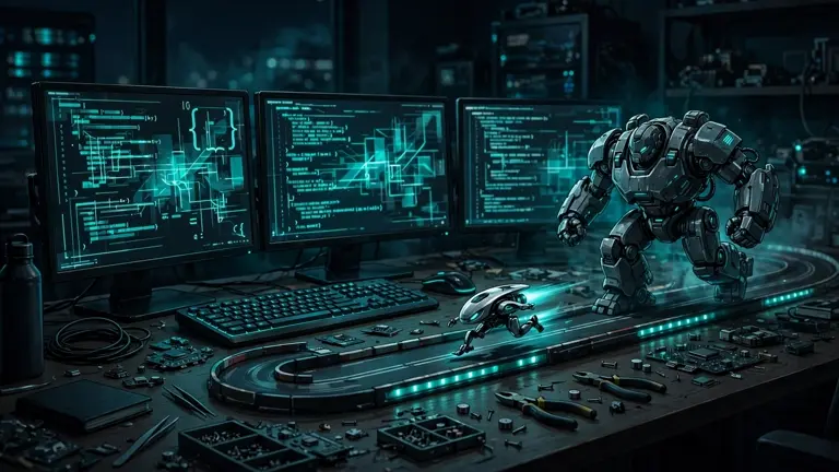 Editorial illustration: a small efficient robot sprinting ahead of a giant expensive robot on a glowing track beside a programmer's desk