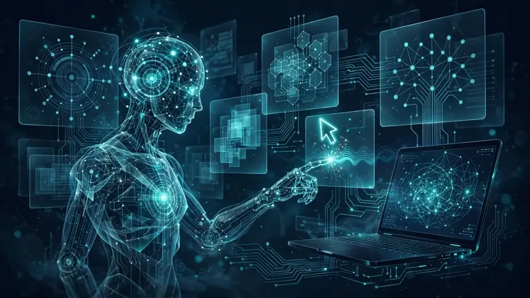 Editorial illustration: an AI agent's cursor moving between layered translucent software windows connected by circuit traces