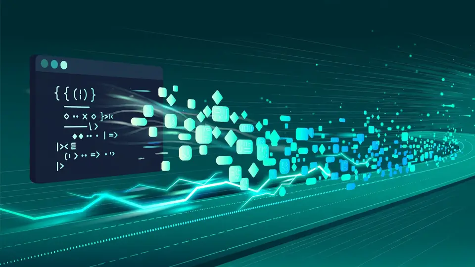 Editorial illustration of a code terminal emitting glowing token streams racing along a speed track