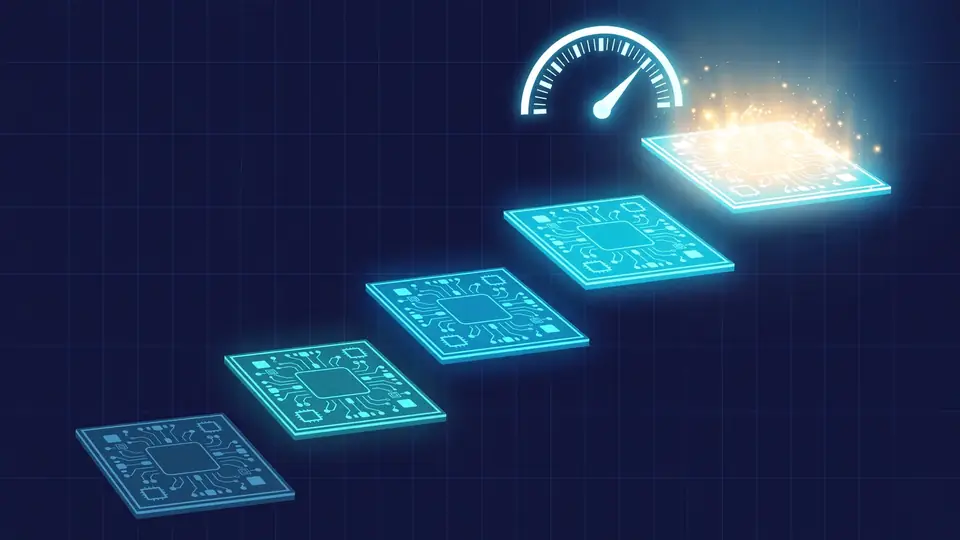 Editorial illustration of AI model tiers as an ascending staircase of glowing processor chips