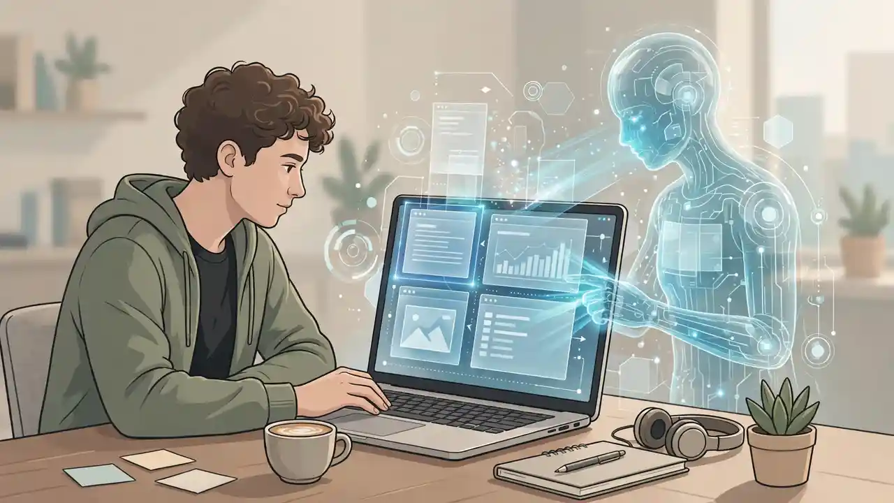 Illustration of an AI assistant working across windows on a computer desktop